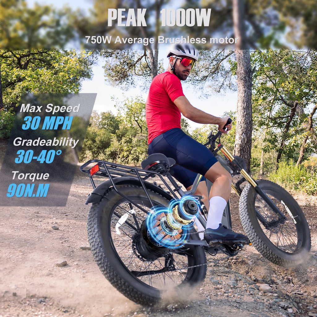 Electric Bike for Adults 26'', 1000W E - Mountain Bike 48V 30/20ah UL2849 Removable Battery, Fat Tire Ebike up to 30MPH Off Road Beach Snow Electric Bicycles Full Suspension & Dual Hydraulic Disc Brakes