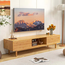 Load image into Gallery viewer, 63" Bamboo TV Stand for Up to 70" TVs, Mid Century Modern Entertainment Center Media Console with Sliding Doors &amp; 3 Storage Cubbies for Living Room