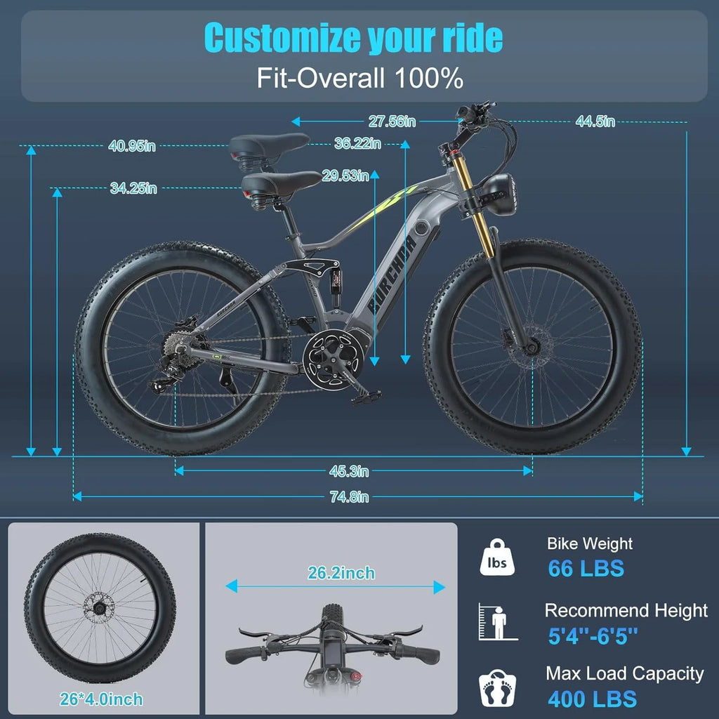 Electric Bike for Adults 26'', 1000W E - Mountain Bike 48V 30/20ah UL2849 Removable Battery, Fat Tire Ebike up to 30MPH Off Road Beach Snow Electric Bicycles Full Suspension & Dual Hydraulic Disc Brakes