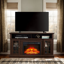 Load image into Gallery viewer, Sesslife Electric Fireplace TV Stand with Remote Control for 65 in TV, Farmhouse TV Console Table with Open Storage Shelves &amp; 2 Cabinets, Wooden Media Entertainment Center for Living Room, Gray