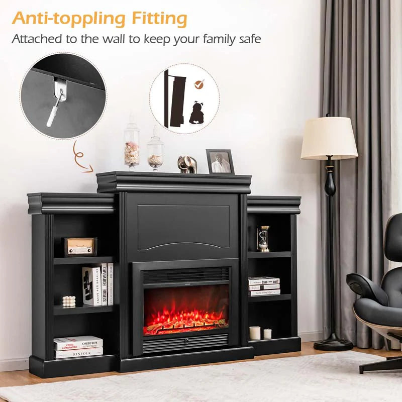 70" Fireplace Mantel TV Stand with Storage Shelves, Freestanding Wood Media Console for 28.5" Fireplace Insert, Living Room & Bedroom