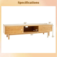Load image into Gallery viewer, 63" Bamboo TV Stand for Up to 70" TVs, Mid Century Modern Entertainment Center Media Console with Sliding Doors &amp; 3 Storage Cubbies for Living Room