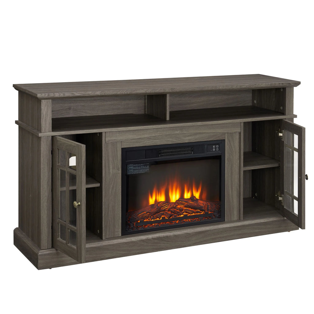 Sesslife Electric Fireplace TV Stand with Remote Control for 65 in TV, Farmhouse TV Console Table with Open Storage Shelves & 2 Cabinets, Wooden Media Entertainment Center for Living Room, Gray