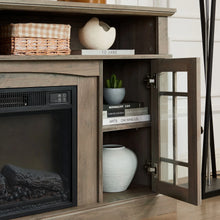 Load image into Gallery viewer, Sesslife Electric Fireplace TV Stand with Remote Control for 65 in TV, Farmhouse TV Console Table with Open Storage Shelves &amp; 2 Cabinets, Wooden Media Entertainment Center for Living Room, Gray