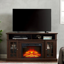 Load image into Gallery viewer, Sesslife Electric Fireplace TV Stand with Remote Control for 65 in TV, Farmhouse TV Console Table with Open Storage Shelves &amp; 2 Cabinets, Wooden Media Entertainment Center for Living Room, Gray
