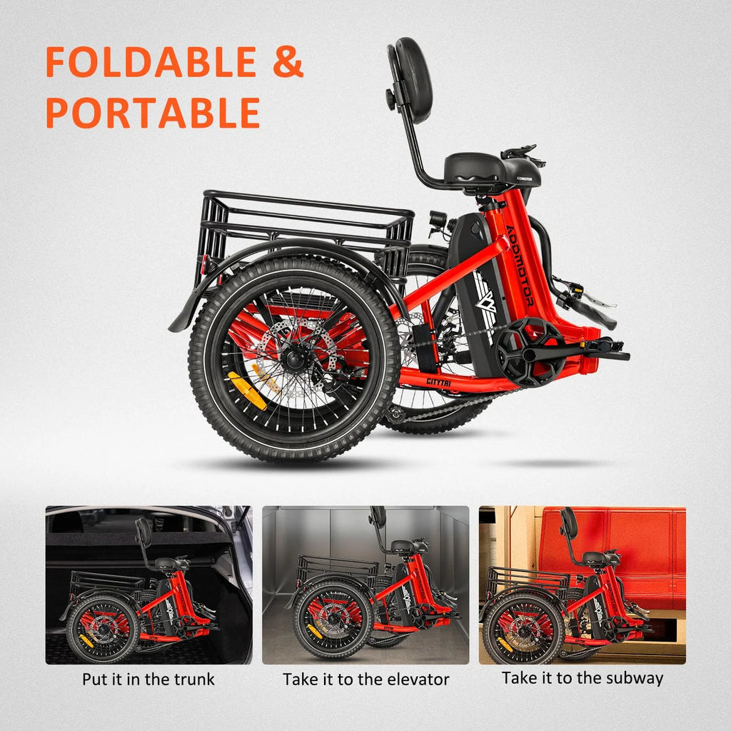 Addmotor Folding Electric Trike, 90MI Electric Tricycle for Adults, 750W 48V 20ah, CITYTRI 3 Wheel Electric Bikes, Step - Thru Etrike with Rear Speed Differential & Parking Brake, E - 310 Plus Red