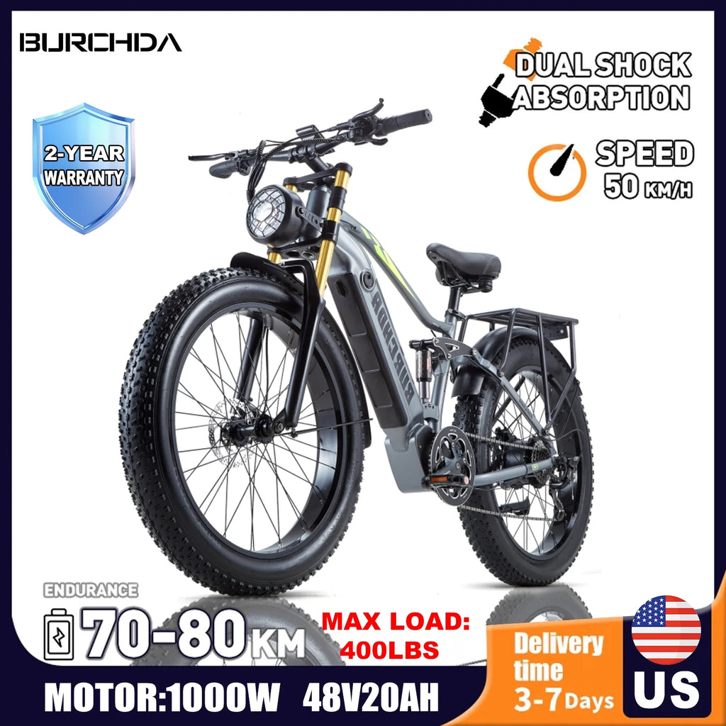 Electric Bike for Adults 26'', 1000W E - Mountain Bike 48V 30/20ah UL2849 Removable Battery, Fat Tire Ebike up to 30MPH Off Road Beach Snow Electric Bicycles Full Suspension & Dual Hydraulic Disc Brakes