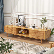 Load image into Gallery viewer, 63" Bamboo TV Stand for Up to 70" TVs, Mid Century Modern Entertainment Center Media Console with Sliding Doors &amp; 3 Storage Cubbies for Living Room