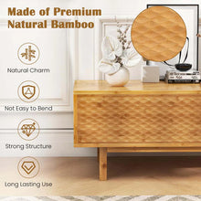 Load image into Gallery viewer, 63" Bamboo TV Stand for Up to 70" TVs, Mid Century Modern Entertainment Center Media Console with Sliding Doors &amp; 3 Storage Cubbies for Living Room