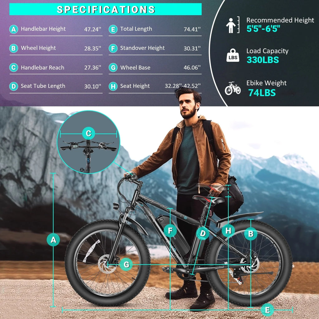 Gocio 26" 4.0 Fat Tire Electric Bike for Adults, 500W Adults E Bike, 48V 13ah Removable Li - Ion Battery, Professional 7 - Speed, Electric Mountain Bicycle Beach Bike Snow Bike Ebike for Men