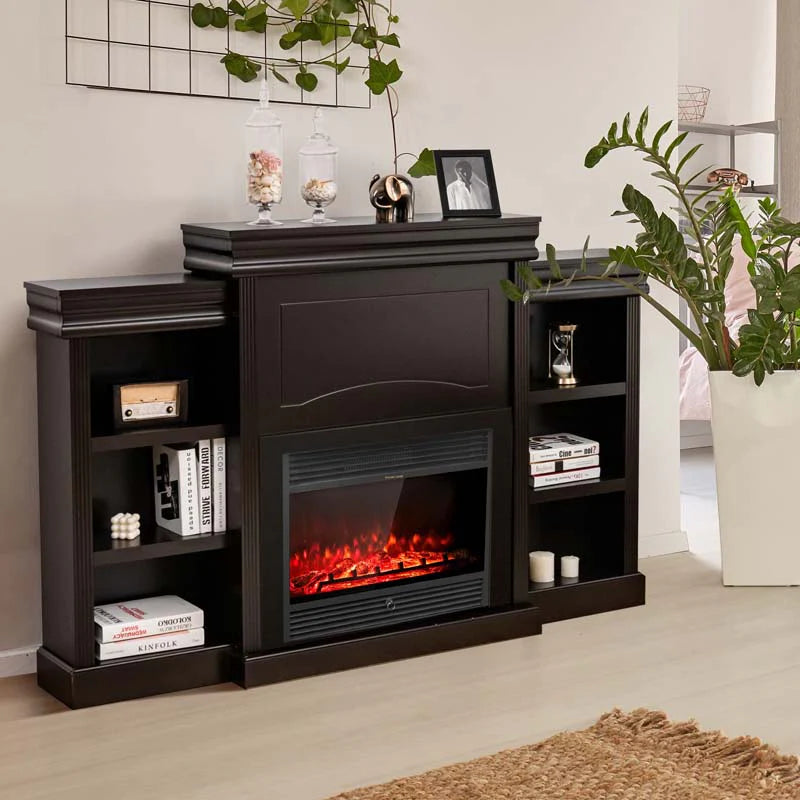 70" Fireplace Mantel TV Stand with Storage Shelves, Freestanding Wood Media Console for 28.5" Fireplace Insert, Living Room & Bedroom
