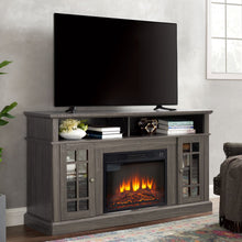 Load image into Gallery viewer, Sesslife Electric Fireplace TV Stand with Remote Control for 65 in TV, Farmhouse TV Console Table with Open Storage Shelves &amp; 2 Cabinets, Wooden Media Entertainment Center for Living Room, Gray