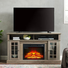 Load image into Gallery viewer, Sesslife Electric Fireplace TV Stand with Remote Control for 65 in TV, Farmhouse TV Console Table with Open Storage Shelves &amp; 2 Cabinets, Wooden Media Entertainment Center for Living Room, Gray