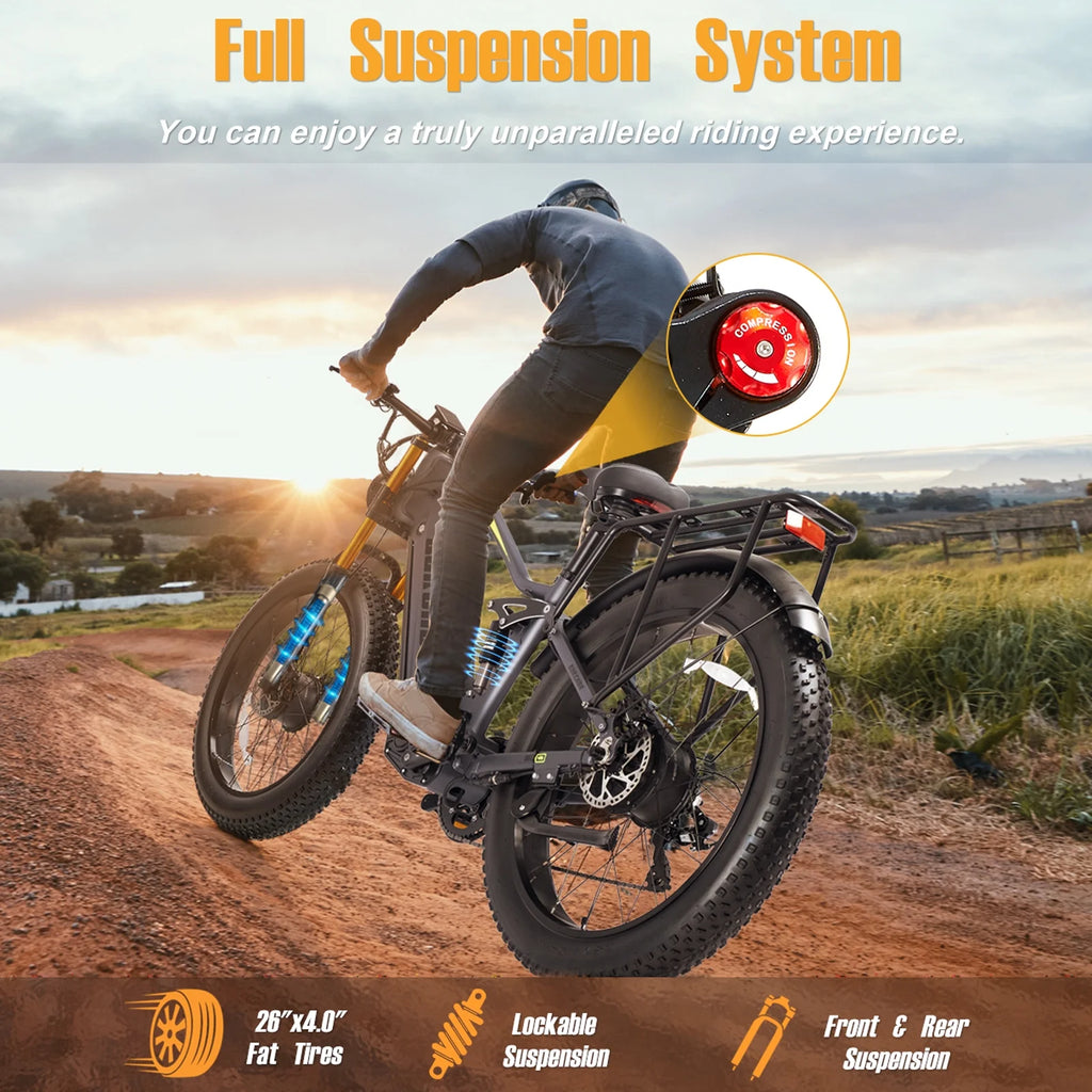 Electric Bike for Adults 26'', 1000W E - Mountain Bike 48V 30/20ah UL2849 Removable Battery, Fat Tire Ebike up to 30MPH Off Road Beach Snow Electric Bicycles Full Suspension & Dual Hydraulic Disc Brakes